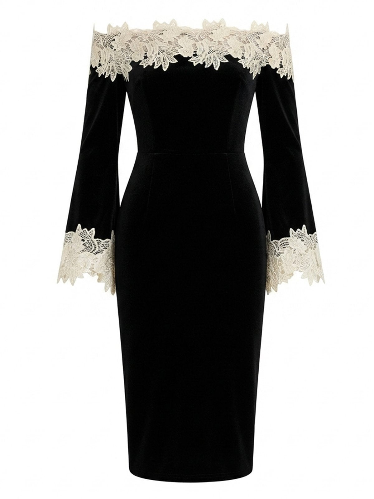 Black Velvet sheath-column off-the-shoulder zipper-back midi Dress - Aabei Dress