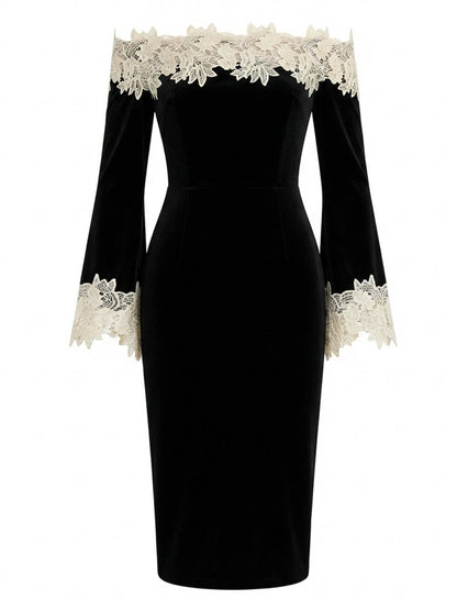 Black Velvet sheath-column off-the-shoulder zipper-back midi Dress - Aabei Dress