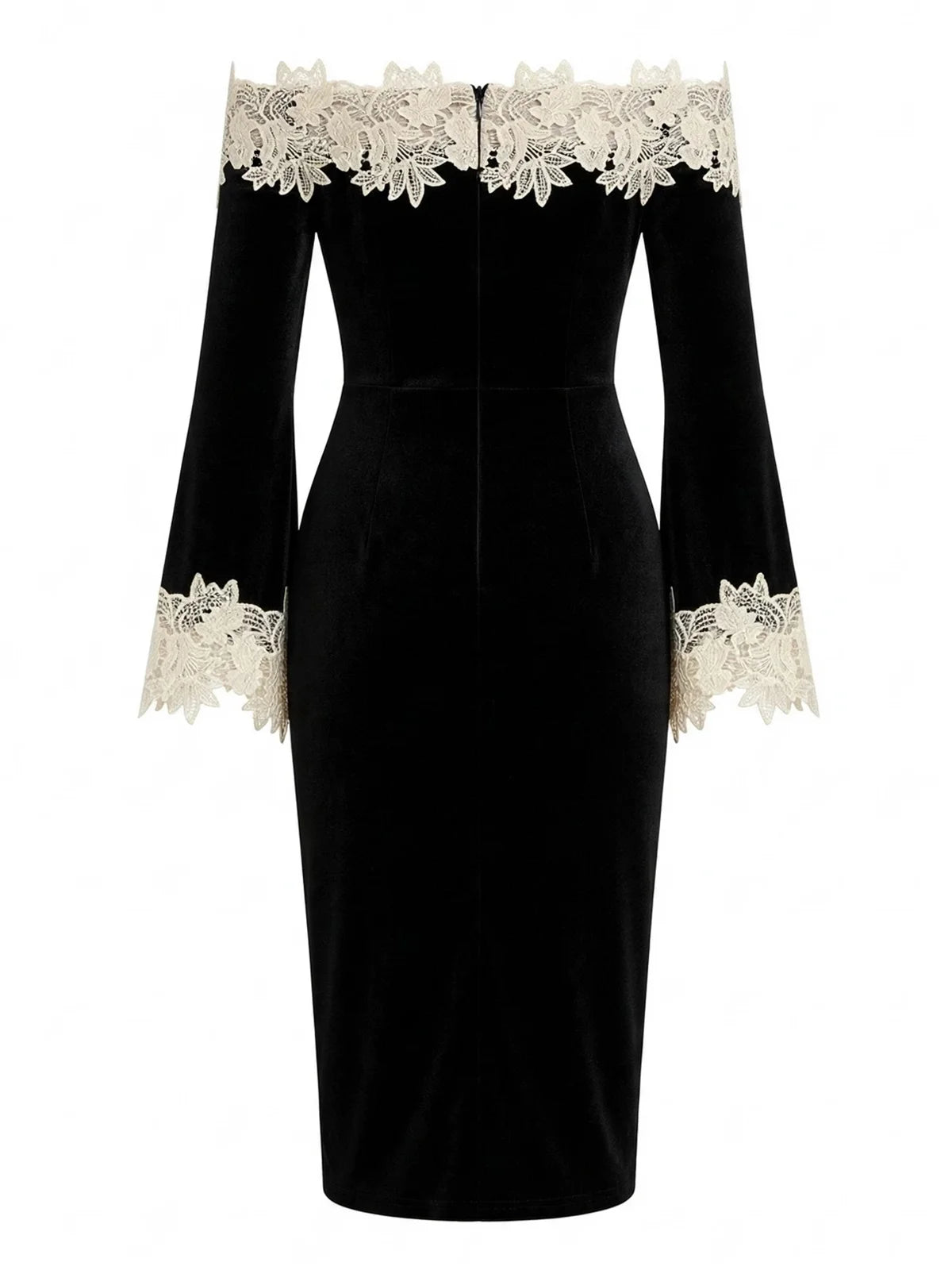 Black Velvet sheath-column off-the-shoulder zipper-back midi Dress - Aabei Dress