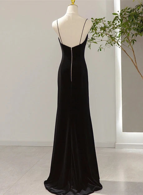 Black Velvet Sheath Column Square Neck Zipper Back Floor Length Dress Back View - Aabei Dress