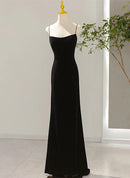 Black Velvet Sheath Column Square Neck Zipper Back Floor Length Dress Front View - Aabei Dress