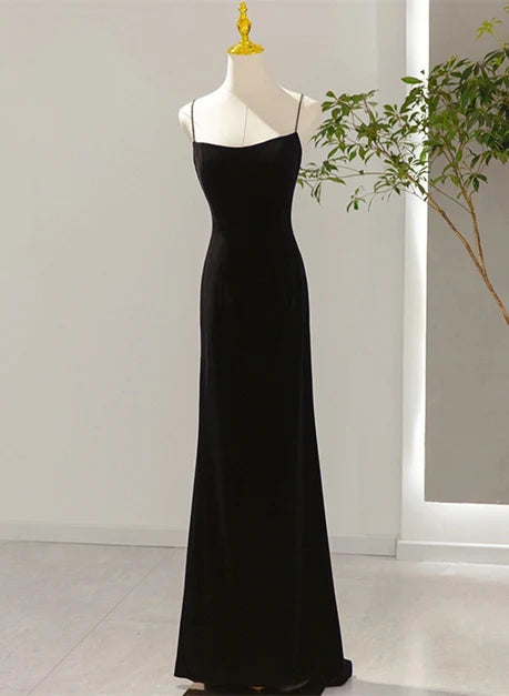 Black Velvet Sheath Column Square Neck Zipper Back Floor Length Dress Front View - Aabei Dress