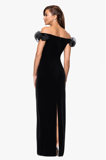 Black Velvet with Organza Sheath Column Off The Shoulder Floor Length Dress Back View - Aabei Dress