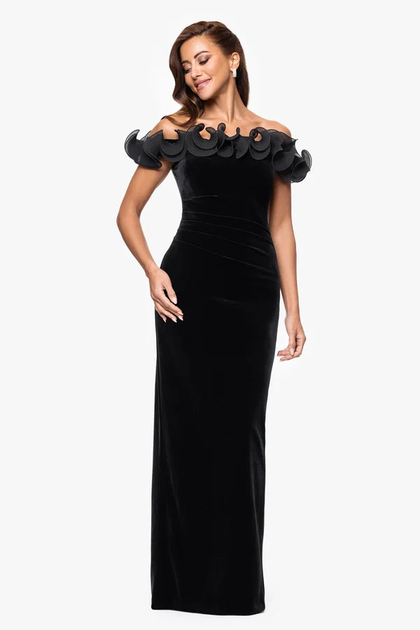 Black Velvet with Organza Sheath Column Off The Shoulder Floor Length Dress Front View - Aabei Dress