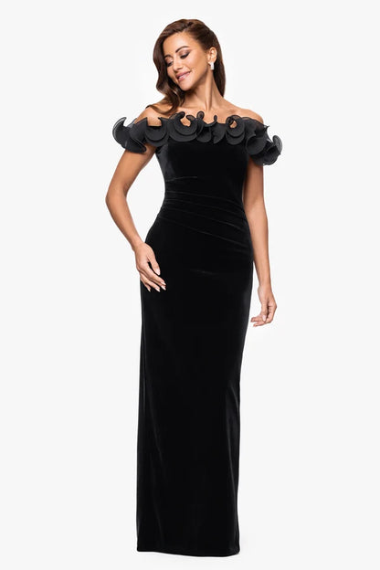 Black Velvet with Organza Sheath Column Off The Shoulder Floor Length Dress Front View - Aabei Dress