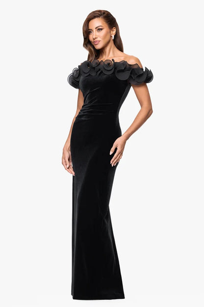 Black Velvet with Organza Sheath Column Off The Shoulder Floor Length Dress - Aabei Dress