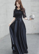 Black Lace Satin A Line Midi Evening Dress Half Sleeve Corset Back
