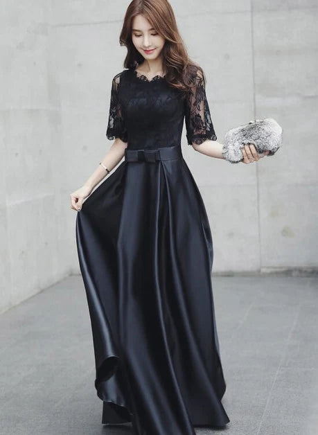 Black Lace Satin A Line Midi Evening Dress Half Sleeve Corset Back