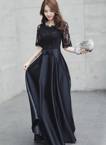 Black Lace Satin A Line Midi Evening Dress Half Sleeve Corset Back