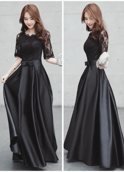 Black Lace Satin A Line Midi Evening Dress Half Sleeve Corset Back