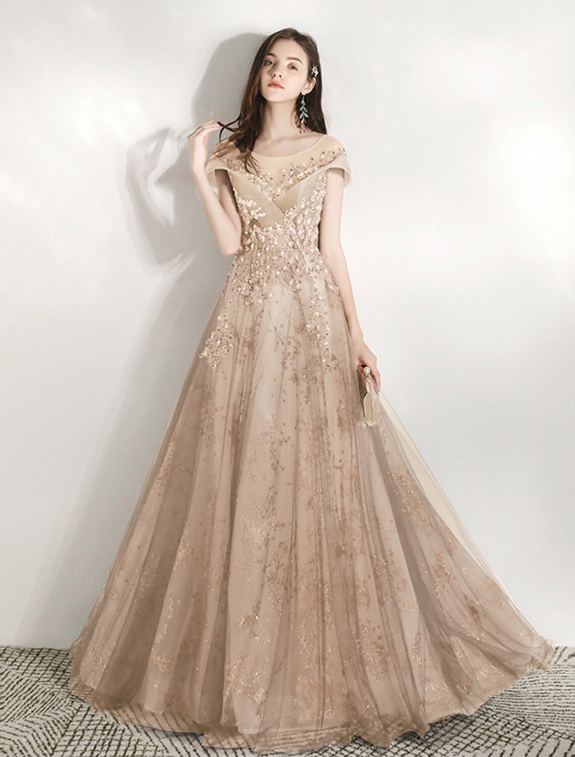 A-Line Prom Dresses Jewel Neck Short Sleeve Beautiful Back Floor Length Tulle with Crystals / Bandage