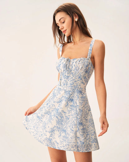 Blue and White Floral Cotton Blend A-Line Square Neck Lace-Up Back Mini Dress Front View - Aabei Dress