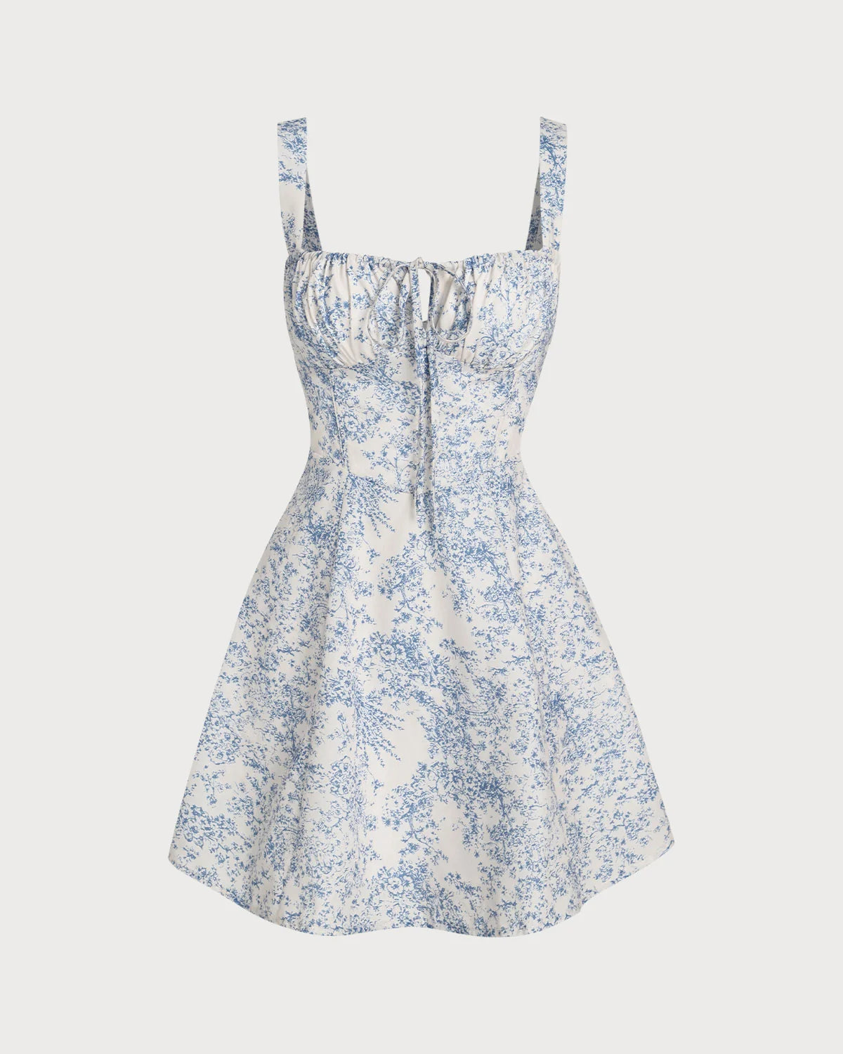 Blue and White Floral Cotton Blend A-Line Square Neck Lace-Up Back Mini Dress - Aabei Dress