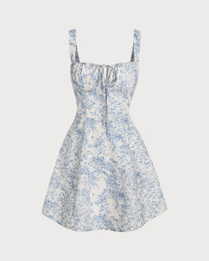 Blue and White Floral Cotton Blend A-Line Square Neck Lace-Up Back Mini Dress - Aabei Dress