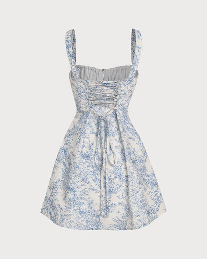 Blue and White Floral Cotton Blend A-Line Square Neck Lace-Up Back Mini Dress - Aabei Dress