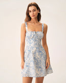 Blue and White Floral Cotton Blend A-Line Square Neck Lace-Up Back Mini Dress - Aabei Dress