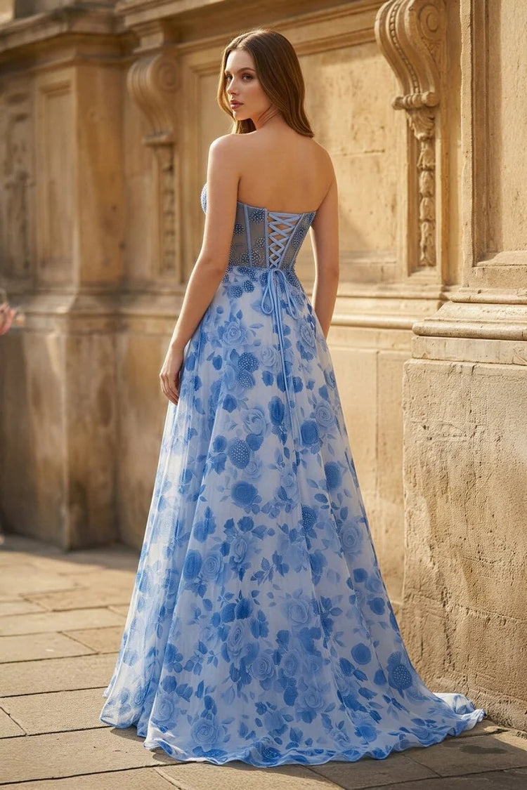 Blue Floral Chiffon A-Line Sweetheart Lace-up Floor-Length Dress Back View - Aabei Dress