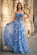 Blue Floral Chiffon A-Line Sweetheart Lace-up Floor-Length Dress Front View - Aabei Dress