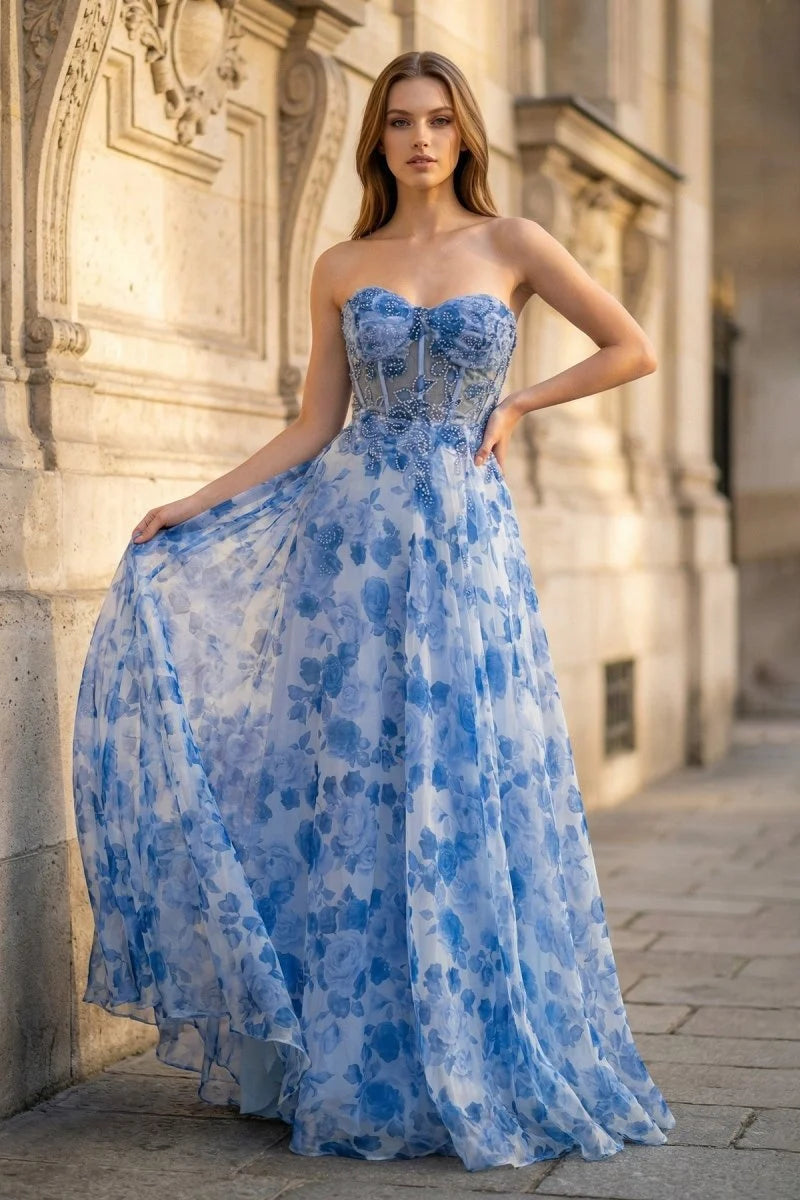 Blue Floral Chiffon A-Line Sweetheart Lace-up Floor-Length Dress Front View - Aabei Dress