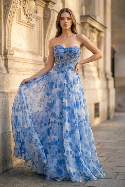 Blue Floral Chiffon A-Line Sweetheart Lace-up Floor-Length Dress Front View - Aabei Dress