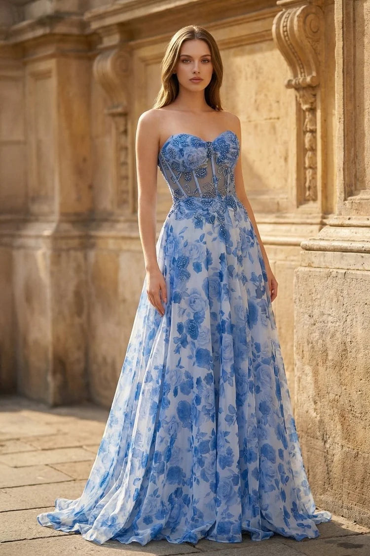 Blue Floral Chiffon A-Line Sweetheart Lace-up Floor-Length Dress - Aabei Dress