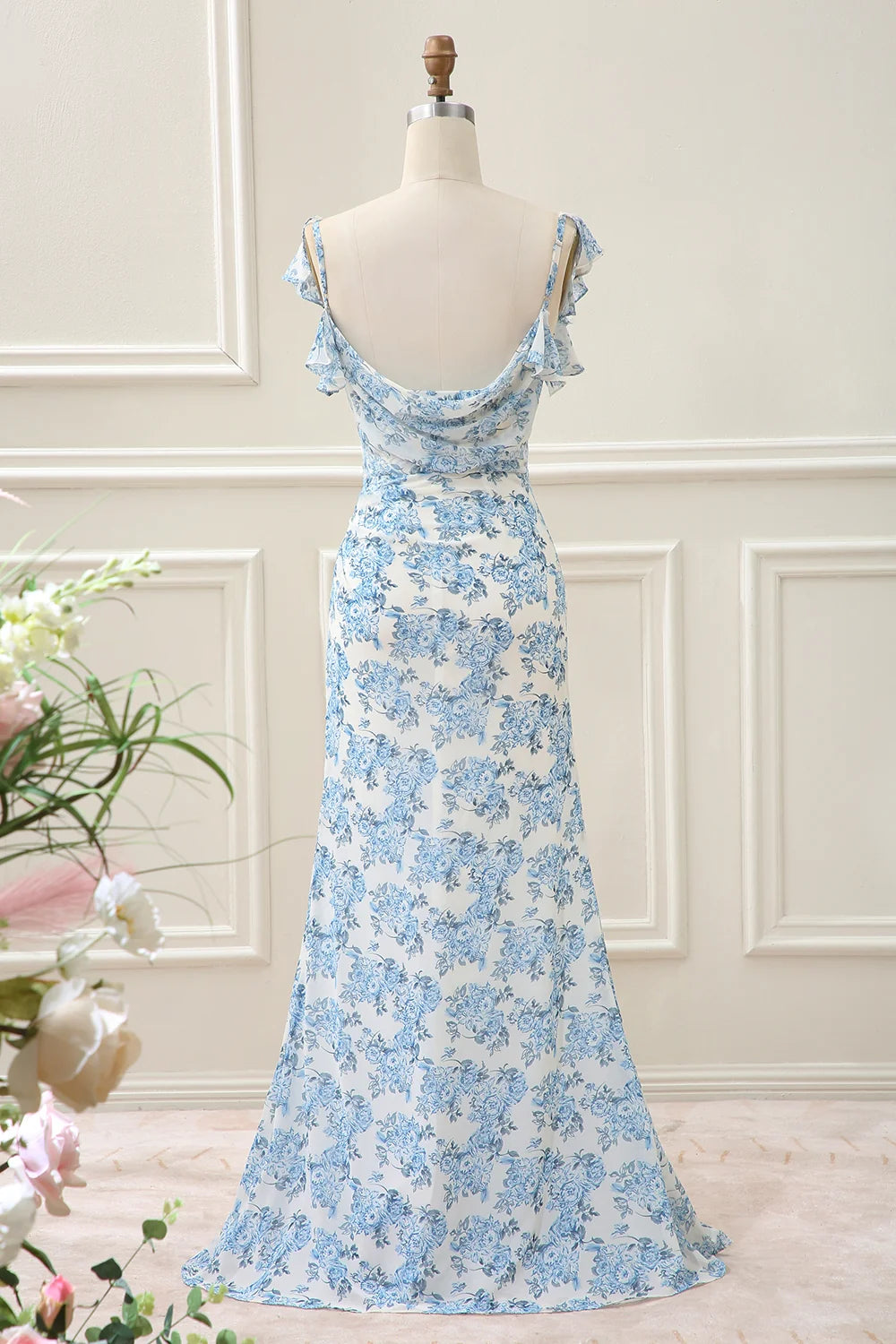 Blue Floral Chiffon sheath-column sweetheart low-back floor-length Dress Back View - Aabei Dress