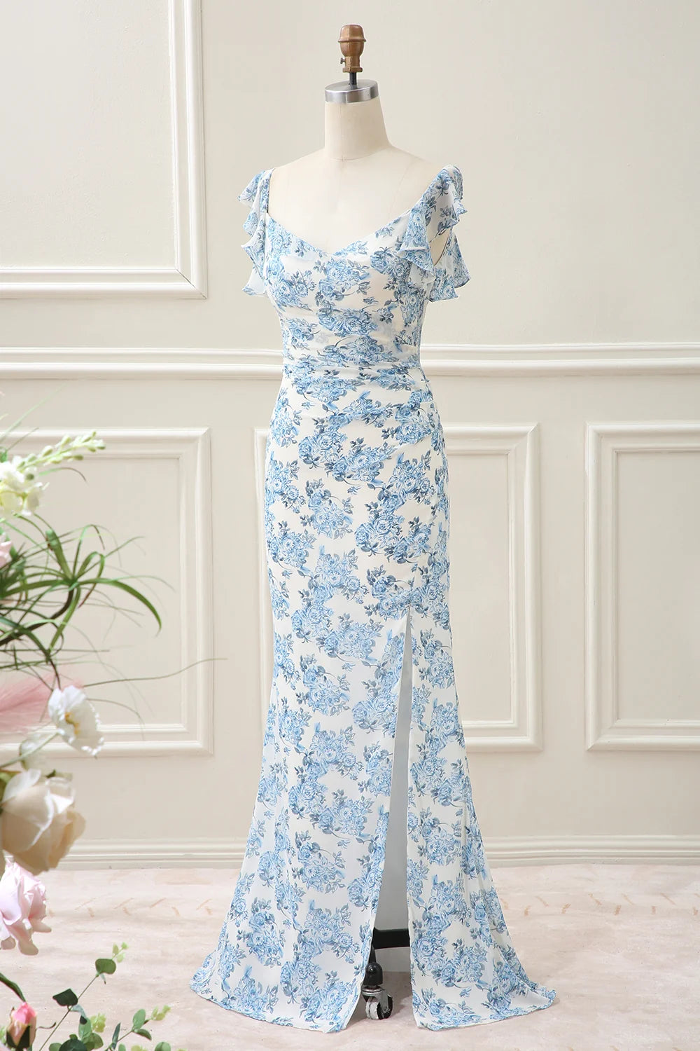 Blue Floral Chiffon sheath-column sweetheart low-back floor-length Dress Front View - Aabei Dress
