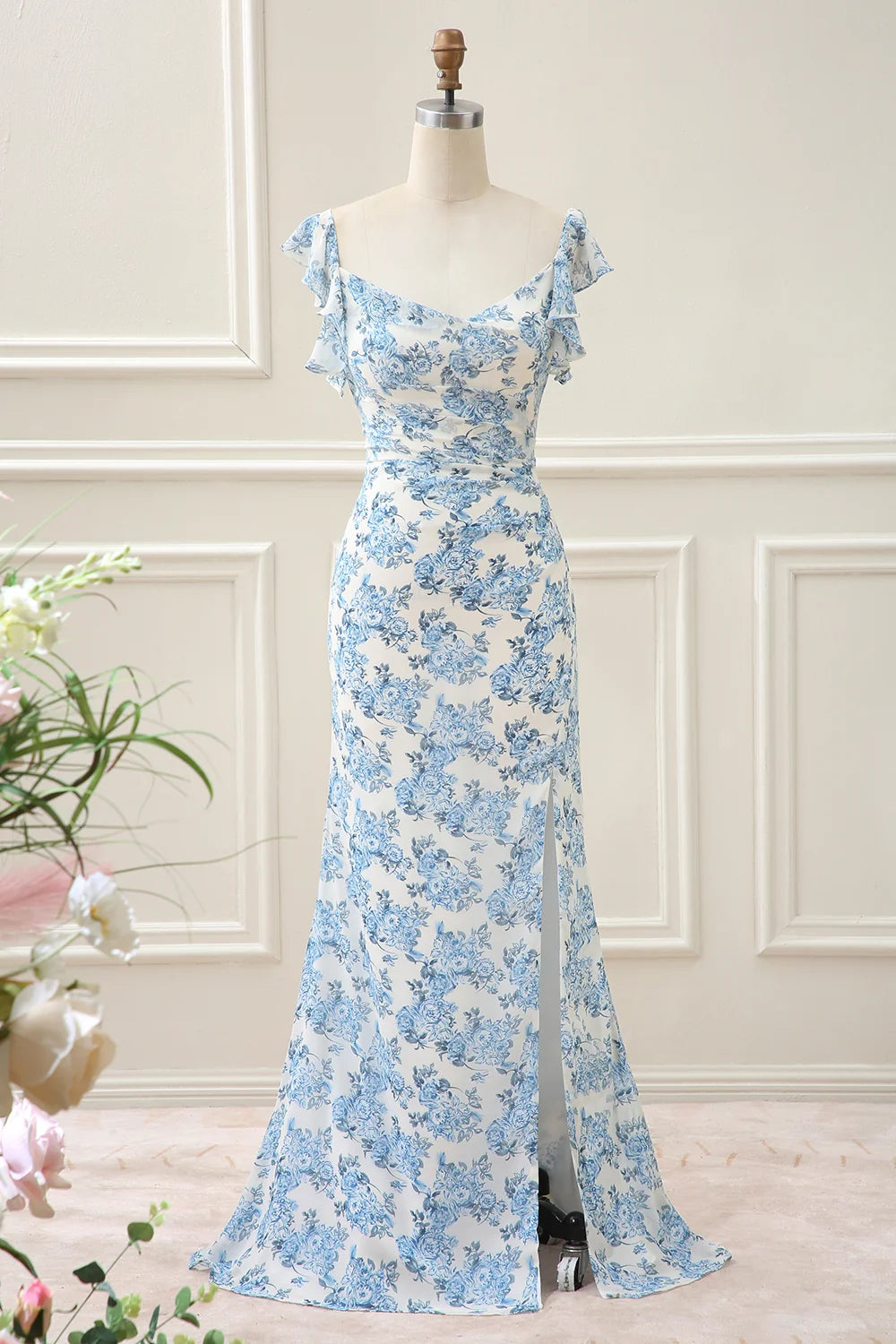 Blue Floral Chiffon sheath-column sweetheart low-back floor-length Dress - Aabei Dress