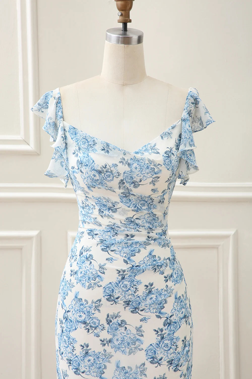 Blue Floral Chiffon sheath-column sweetheart low-back floor-length Dress - Aabei Dress