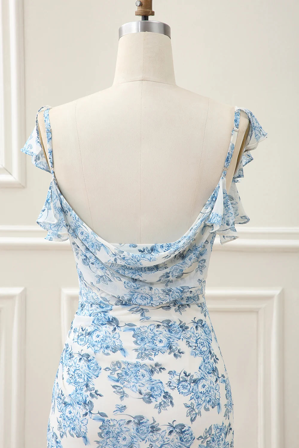 Blue Floral Chiffon sheath-column sweetheart low-back floor-length Dress - Aabei Dress