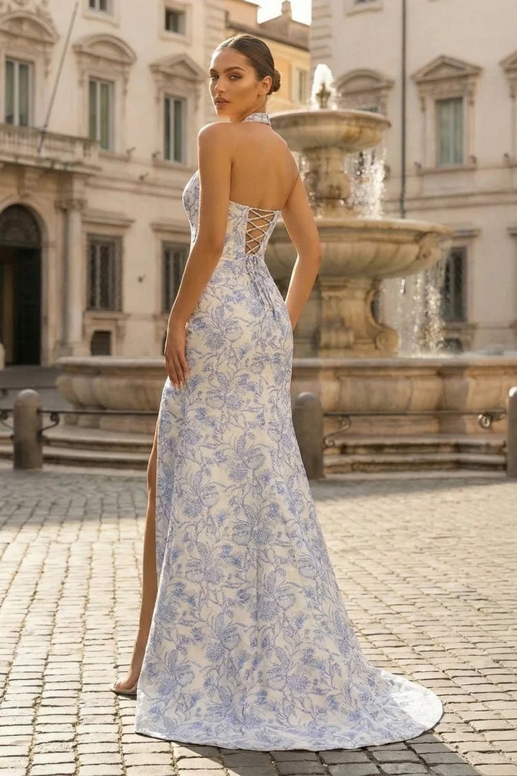 Blue Floral Satin A-Line Halter Lace-Up Floor-Length Dress Back View - Aabei Dress
