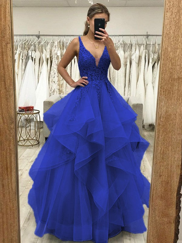 Ball Gown A-Line Prom Dresses Princess Dress Formal Wedding Guest Floor Length Sleeveless V Neck Tulle Backless with Pleats Ruched Appliques