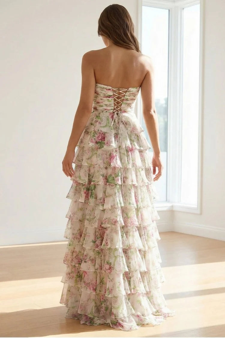 Blush Floral Chiffon Tiered A-Line Sweetheart Lace-Up Back Floor-Length Dress Back View - Aabei Dress