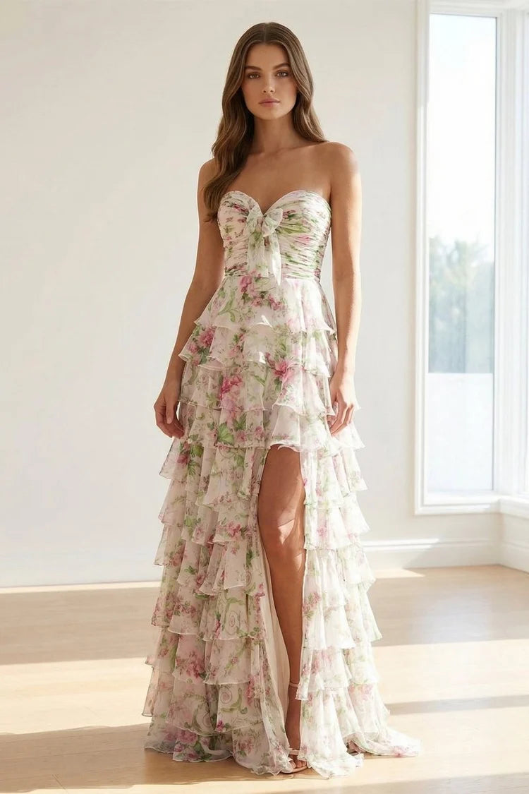 Blush Floral Chiffon Tiered A-Line Sweetheart Lace-Up Back Floor-Length Dress Front View - Aabei Dress
