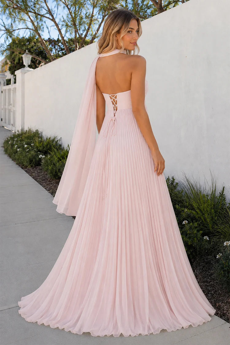 Blushing Pink Chiffon A-Line Sweetheart Lace-Up Back Floor-Length Dress Back View - Aabei Dress