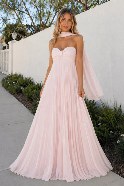 Blushing Pink Chiffon A-Line Sweetheart Lace-Up Back Floor-Length Dress Front View - Aabei Dress