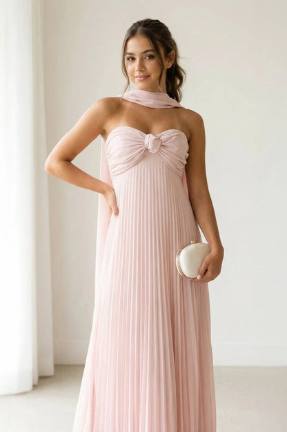 Blushing Pink Chiffon A-Line Sweetheart Lace-Up Back Floor-Length Dress - Aabei Dress