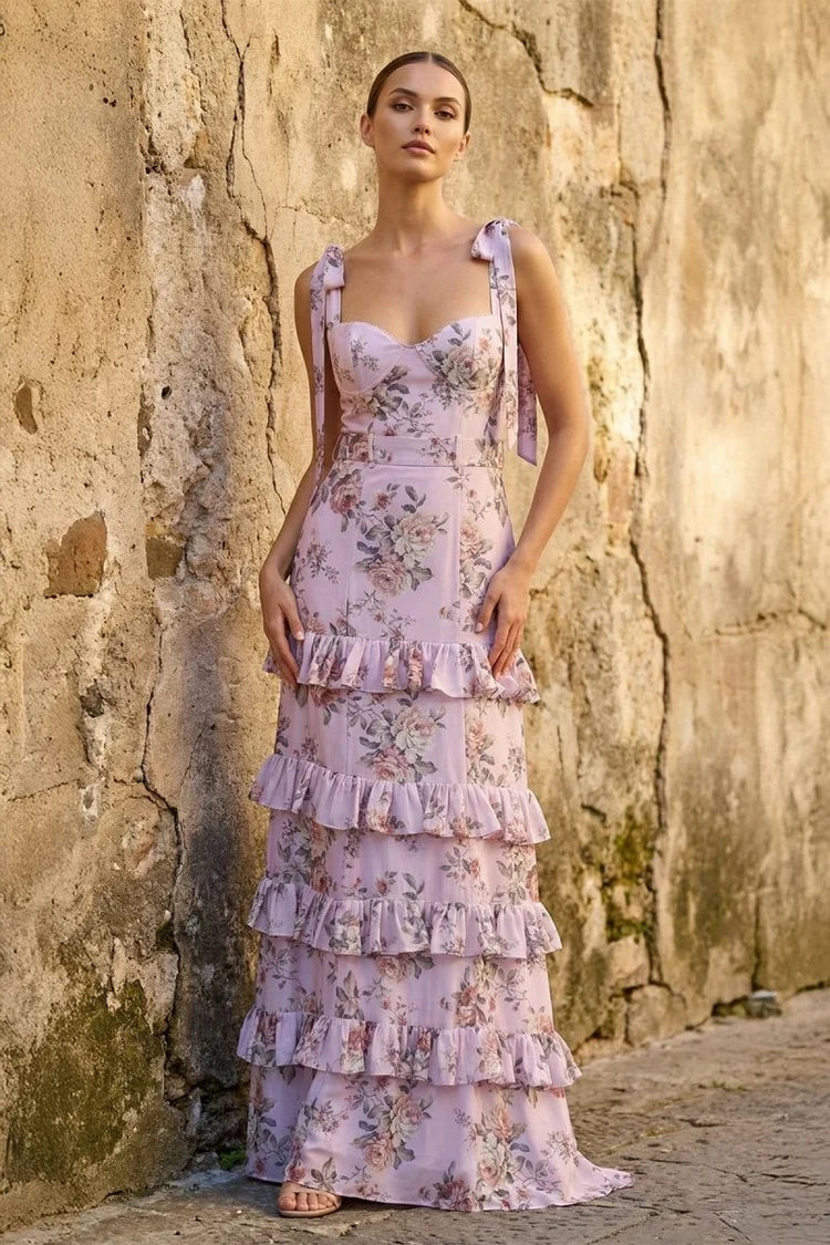 Blushing Pink Chiffon Tiered Sweetheart Tie-Back Floor-Length Dress Front View - Aabei Dress