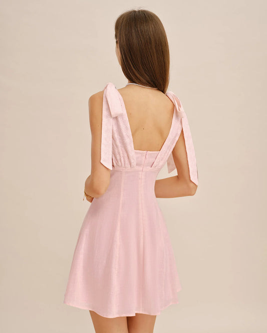 Blushing Pink Cotton Linen Blend with Eyelet Lace A-Line Sweetheart Mini Dress Back View - Aabei Dress