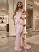 Blushing Pink Crepe sheath-column sweetheart scoop-back floor-length Dress Front View - Aabei Dress