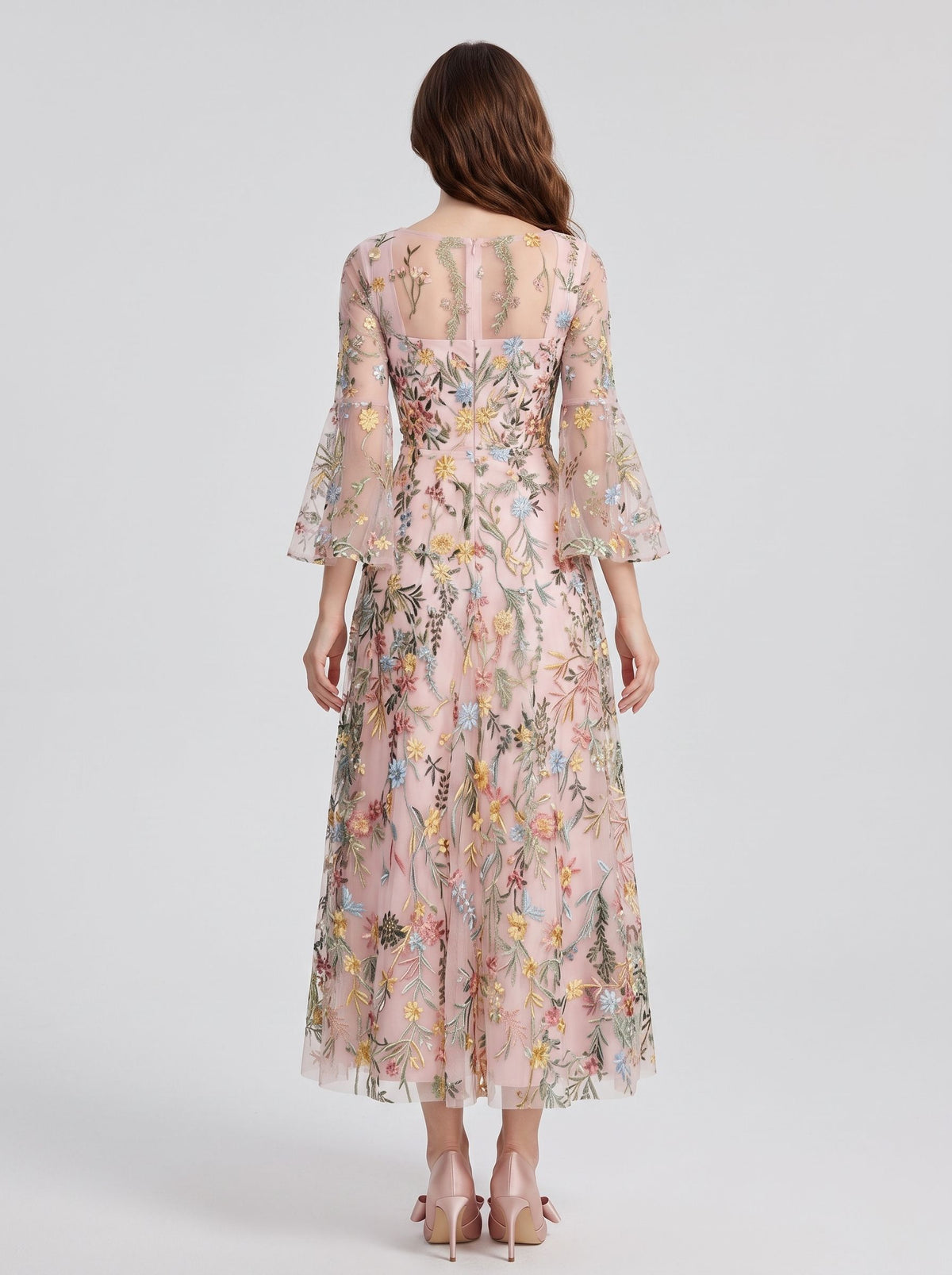 Blushing Pink Embroidered Mesh A-Line Square Neck Midi Dress Back View - Aabei Dress