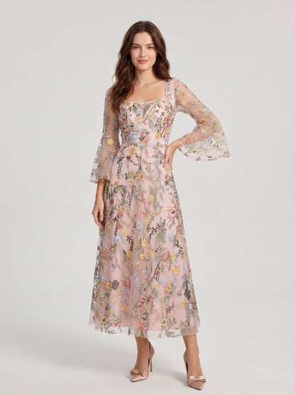 Blushing Pink Embroidered Mesh A-Line Square Neck Midi Dress Front View - Aabei Dress
