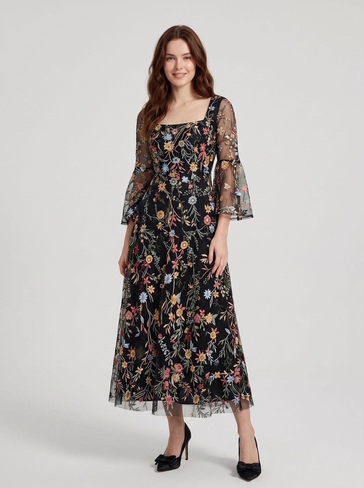 Blushing Pink Embroidered Mesh A-Line Square Neck Midi Dress - Aabei Dress