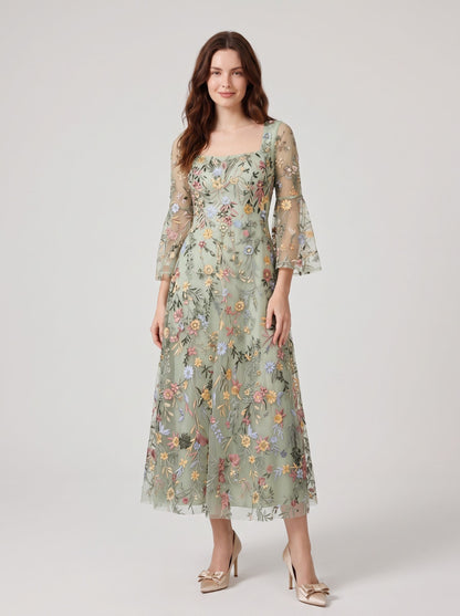 Blushing Pink Embroidered Mesh A-Line Square Neck Midi Dress - Aabei Dress