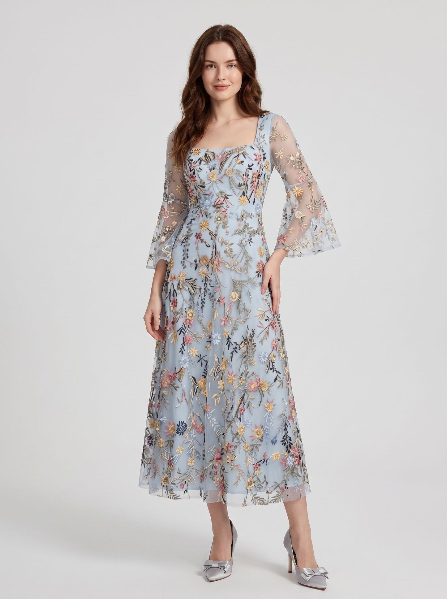 Blushing Pink Embroidered Mesh A-Line Square Neck Midi Dress - Aabei Dress