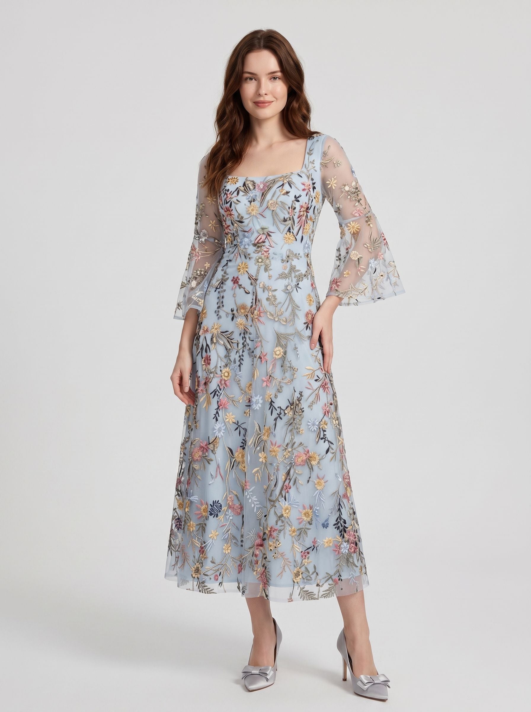 Blushing Pink Embroidered Mesh A-Line Square Neck Midi Dress - Aabei Dress