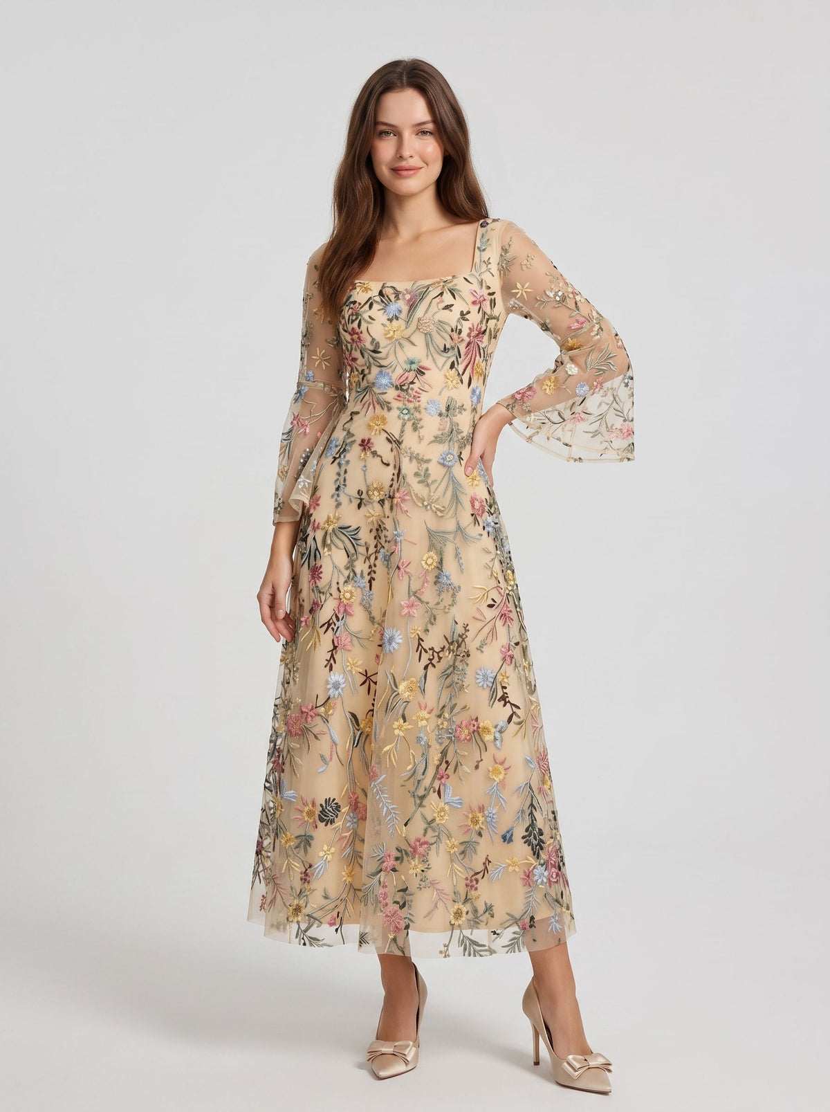Blushing Pink Embroidered Mesh A-Line Square Neck Midi Dress - Aabei Dress