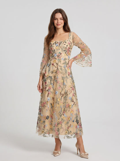 Blushing Pink Embroidered Mesh A-Line Square Neck Midi Dress - Aabei Dress