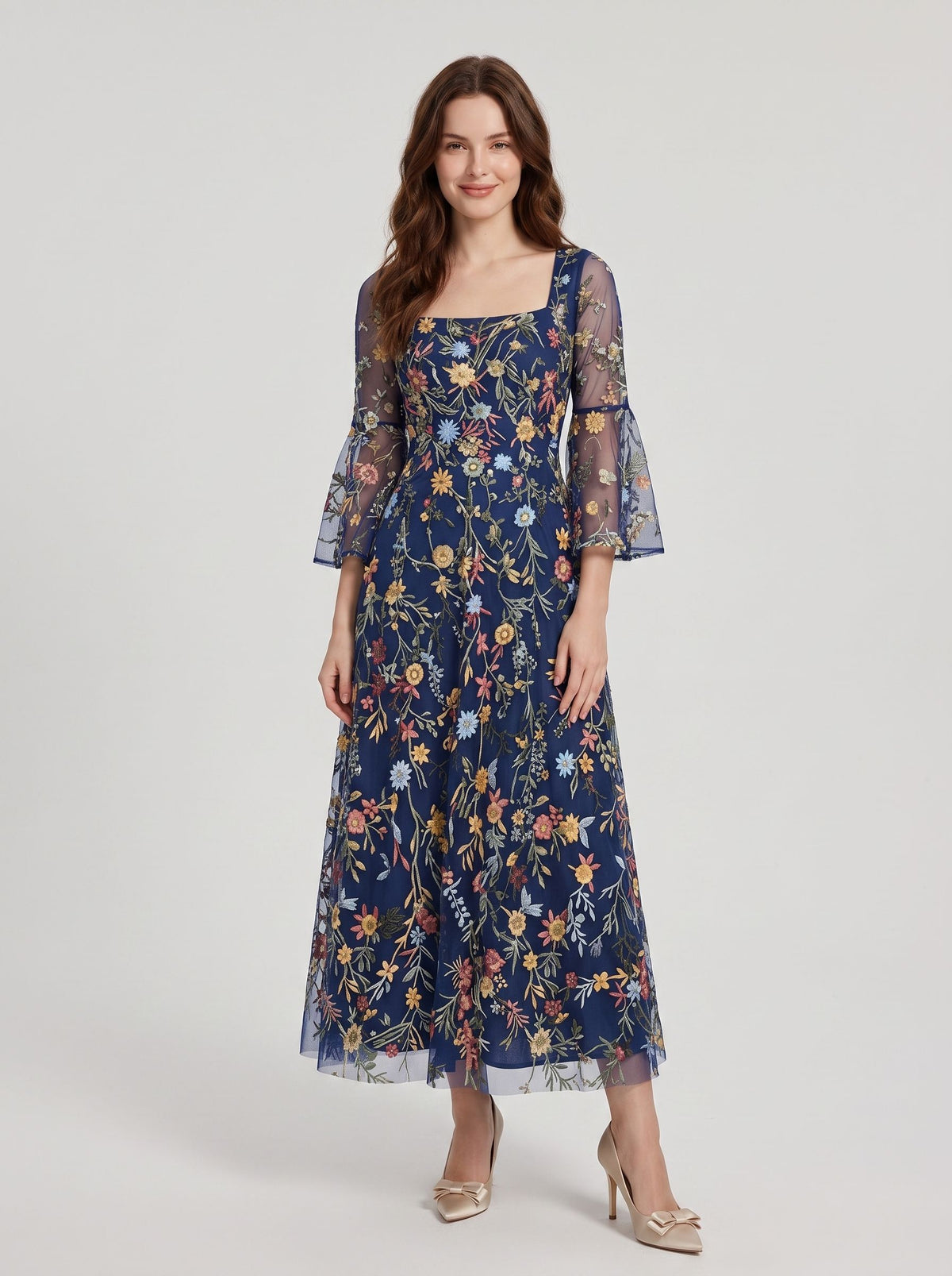Blushing Pink Embroidered Mesh A-Line Square Neck Midi Dress - Aabei Dress