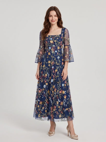 Blushing Pink Embroidered Mesh A-Line Square Neck Midi Dress - Aabei Dress